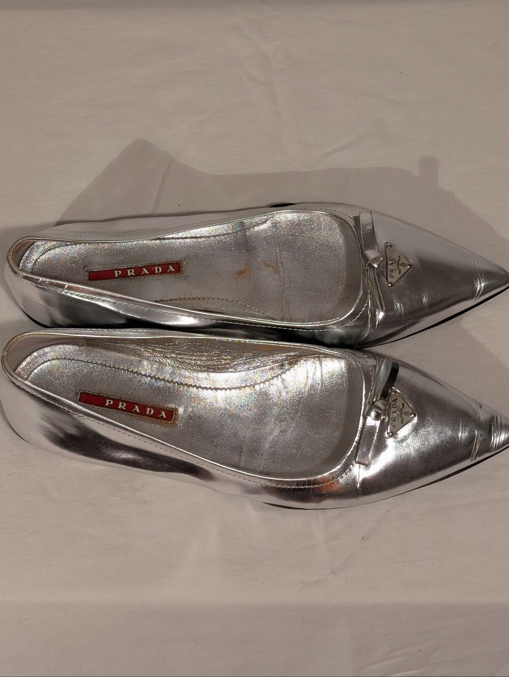 Prada Silver Pointed-Toe Leather Flats - Picture 5 of 6